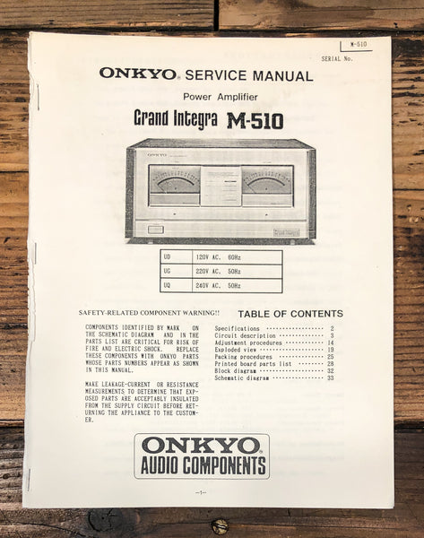 Onkyo M-510 Grand Integra Amplifier Service Manual *Original*