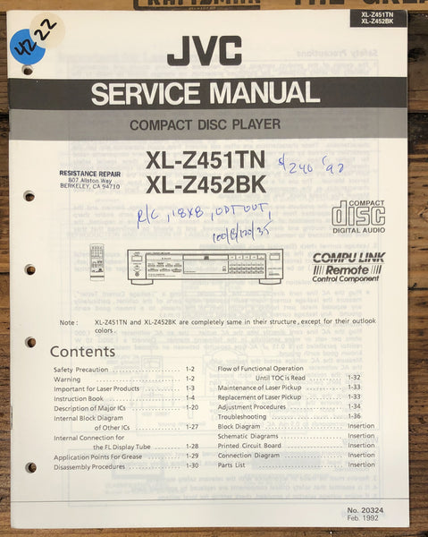 JVC XL-Z451 XL-Z452 TN BK CD Player Service Manual *Original*
