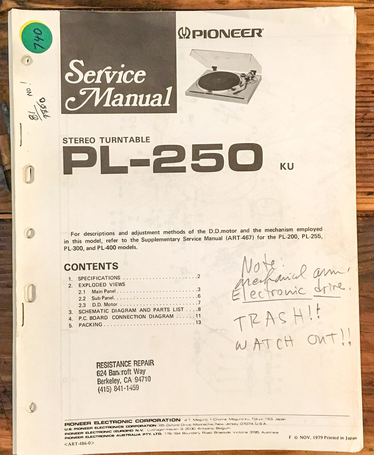 Pioneer PL-250 Record Player / Turntable  Service Manual *Original*