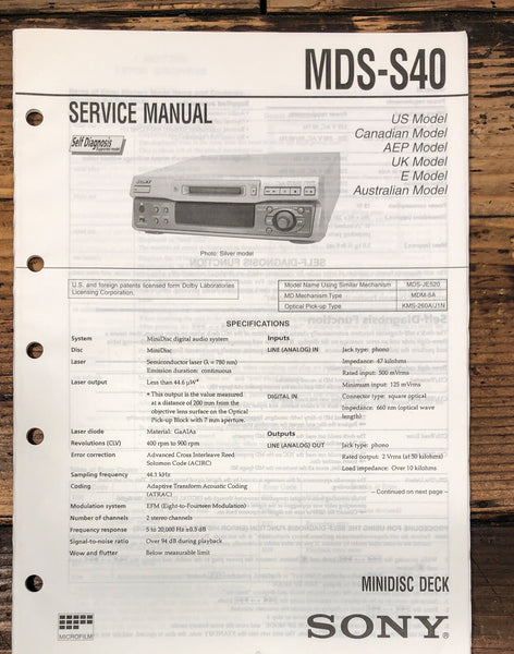 Sony MDS-S40 MD Player Service Manual *Original*