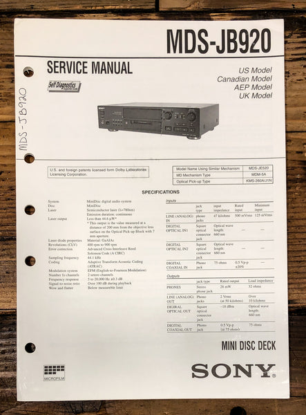Sony MDS-JB920 MD Player Service Manual *Original*