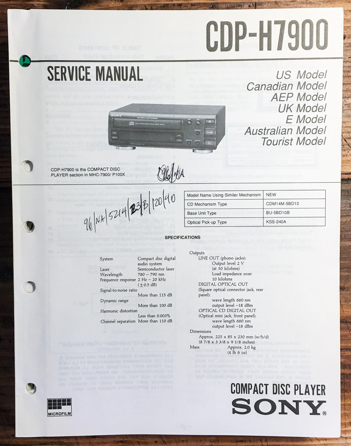 Sony CDP-H7900 CD  Player  Service Manual *Original*