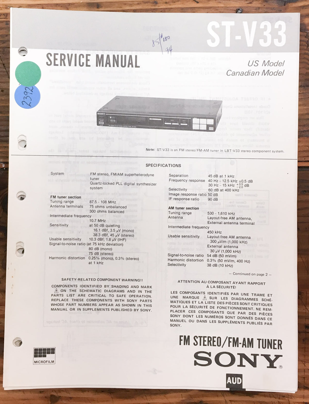 Sony ST-V33 Tuner  Service Manual *Original*