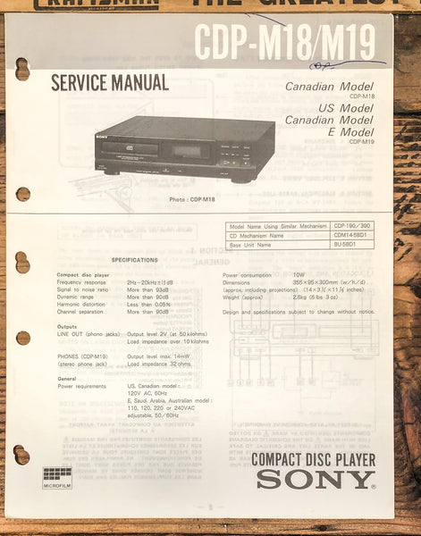 Sony CDP-M18 CPD-M19 CD Player  Service Manual *Original*