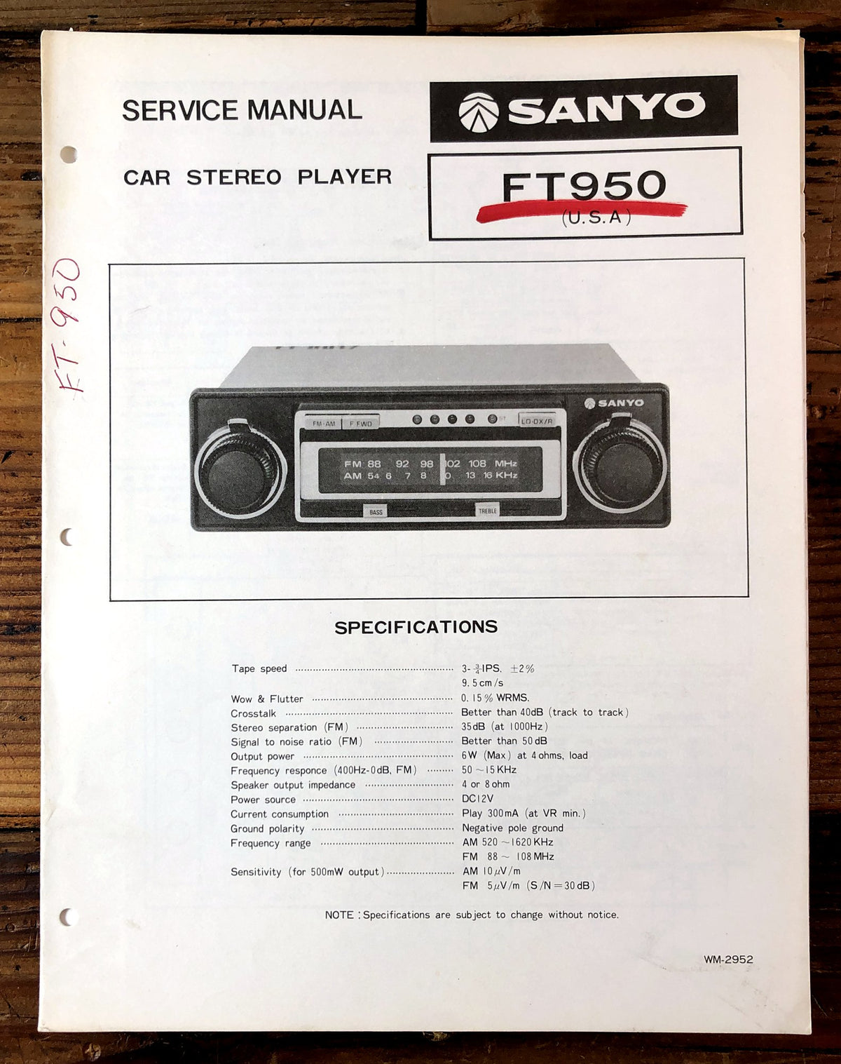 Sanyo FT950 Car Stereo Player Service Manual *Original*
