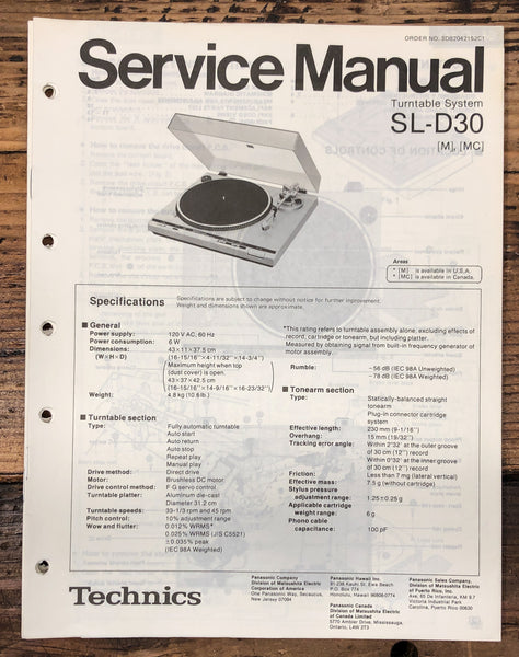 Technics SL-D30 Turntable  Service Manual *Original*