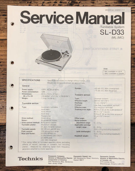 Technics SL-D33 Turntable  Service Manual *Original*