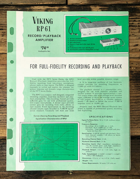 Viking RP61 Record Playback Amplifier 3 pg Dealer Brochure  *Original*