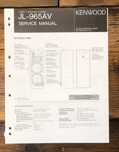 Kenwood JL-965AV Speaker  Service Manual *Original*