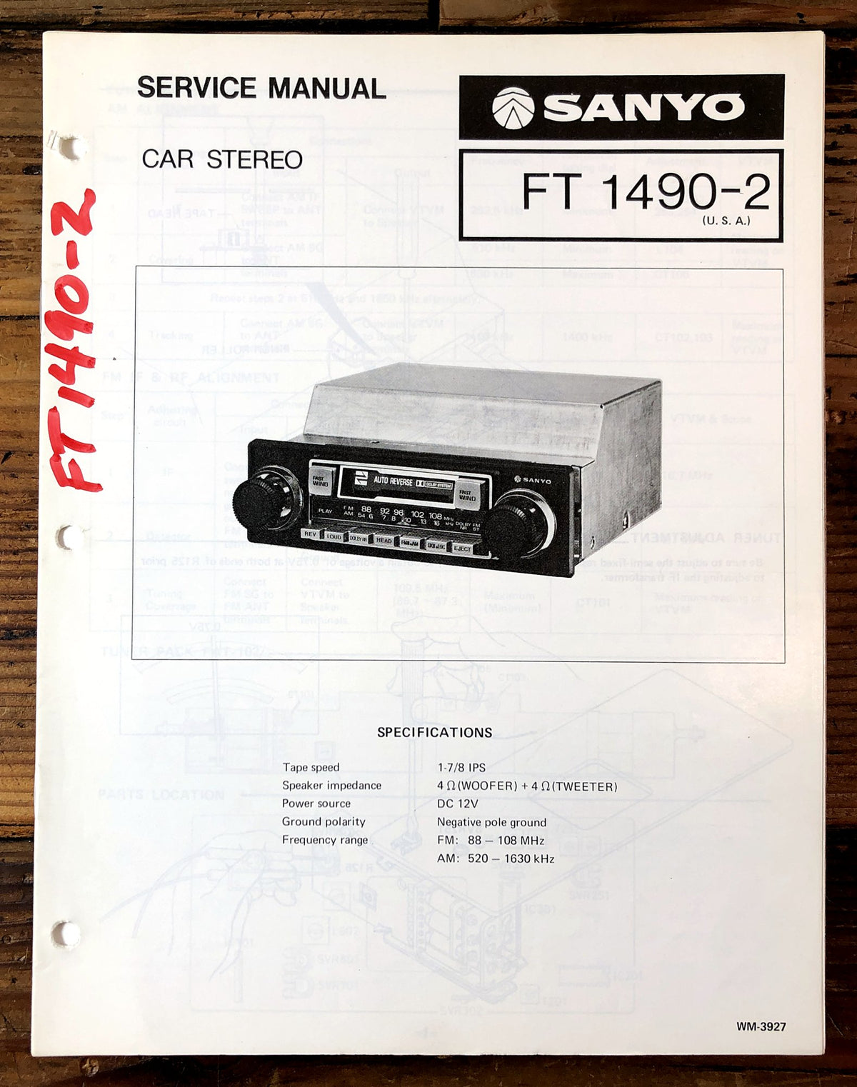 Sanyo FT1490-2 Car Stereo Service Manual *Original*