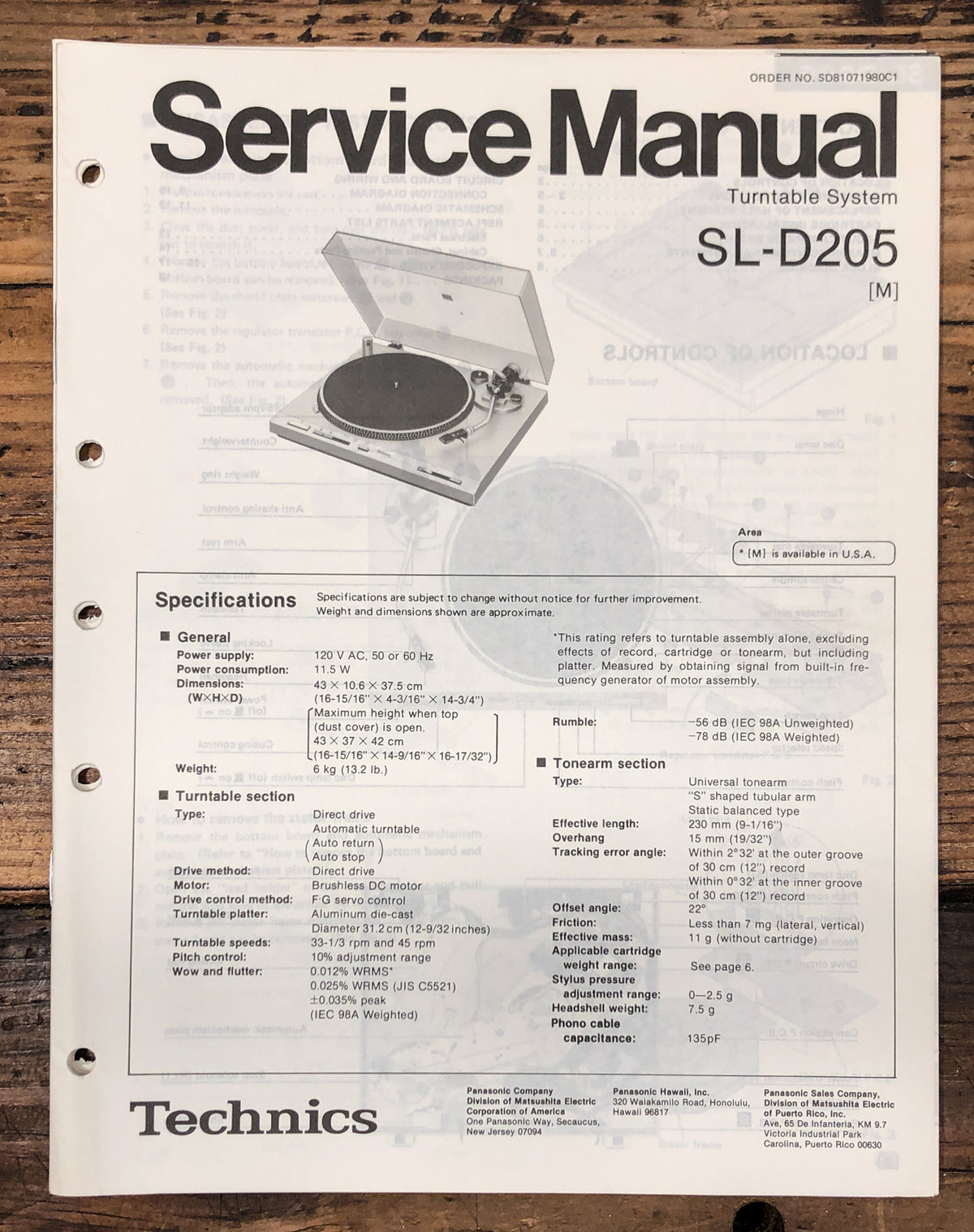 Technics / Panasonic SL-D205 Turntable  Service Manual *Original*