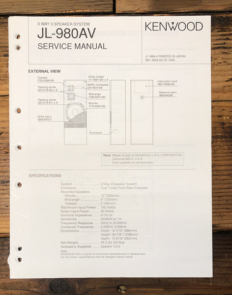 Kenwood JL-980AV Speaker  Service Manual *Original*