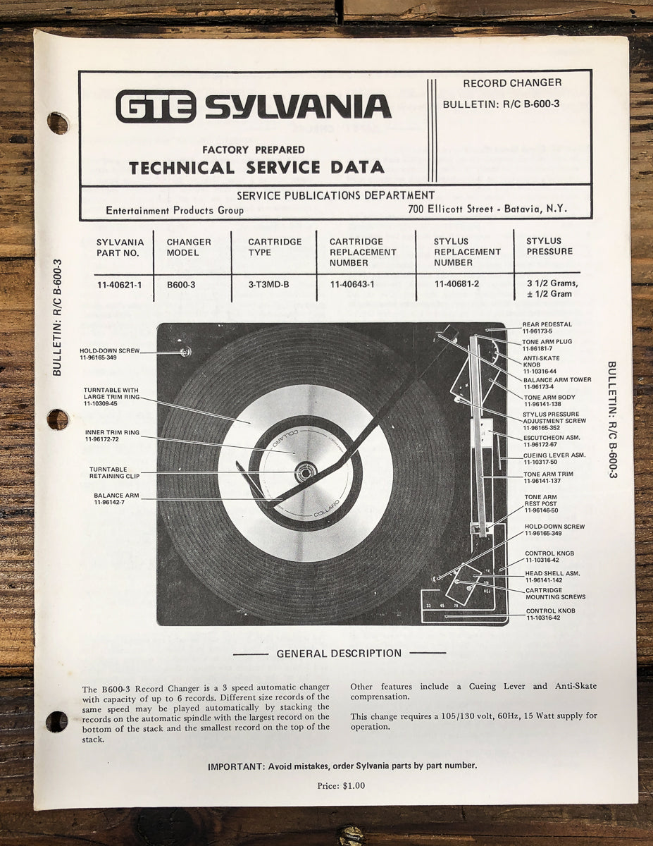 GTE Sylvania Model B-600-3 Record Changer Service Manual *Original*