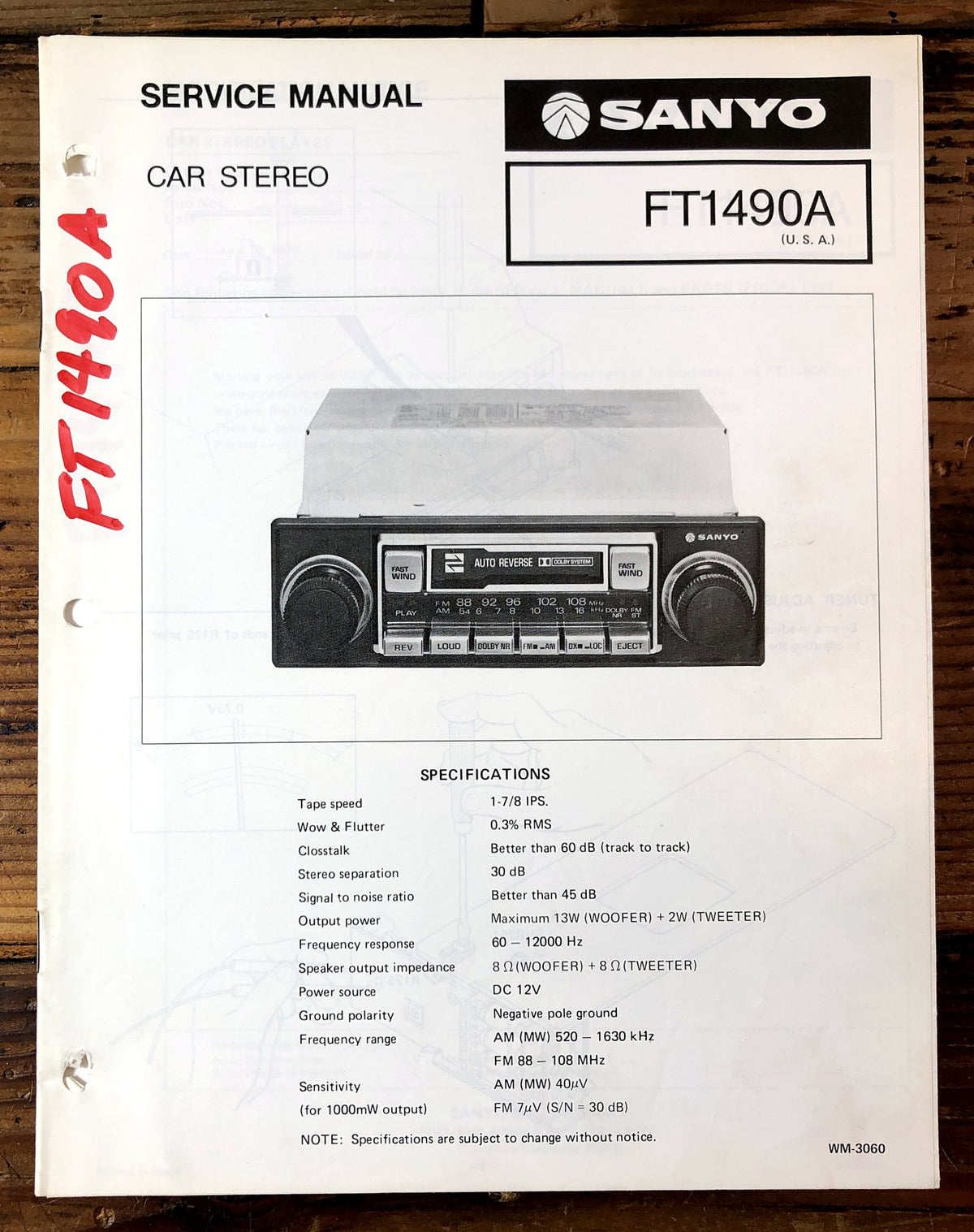 Sanyo FT1490A Car Stereo Service Manual *Original*