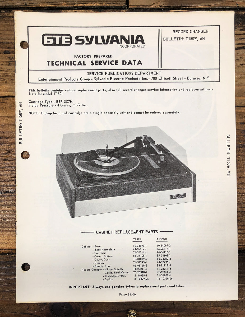 GTE Sylvania Model T150W WH Record Changer Service Manual *Original*