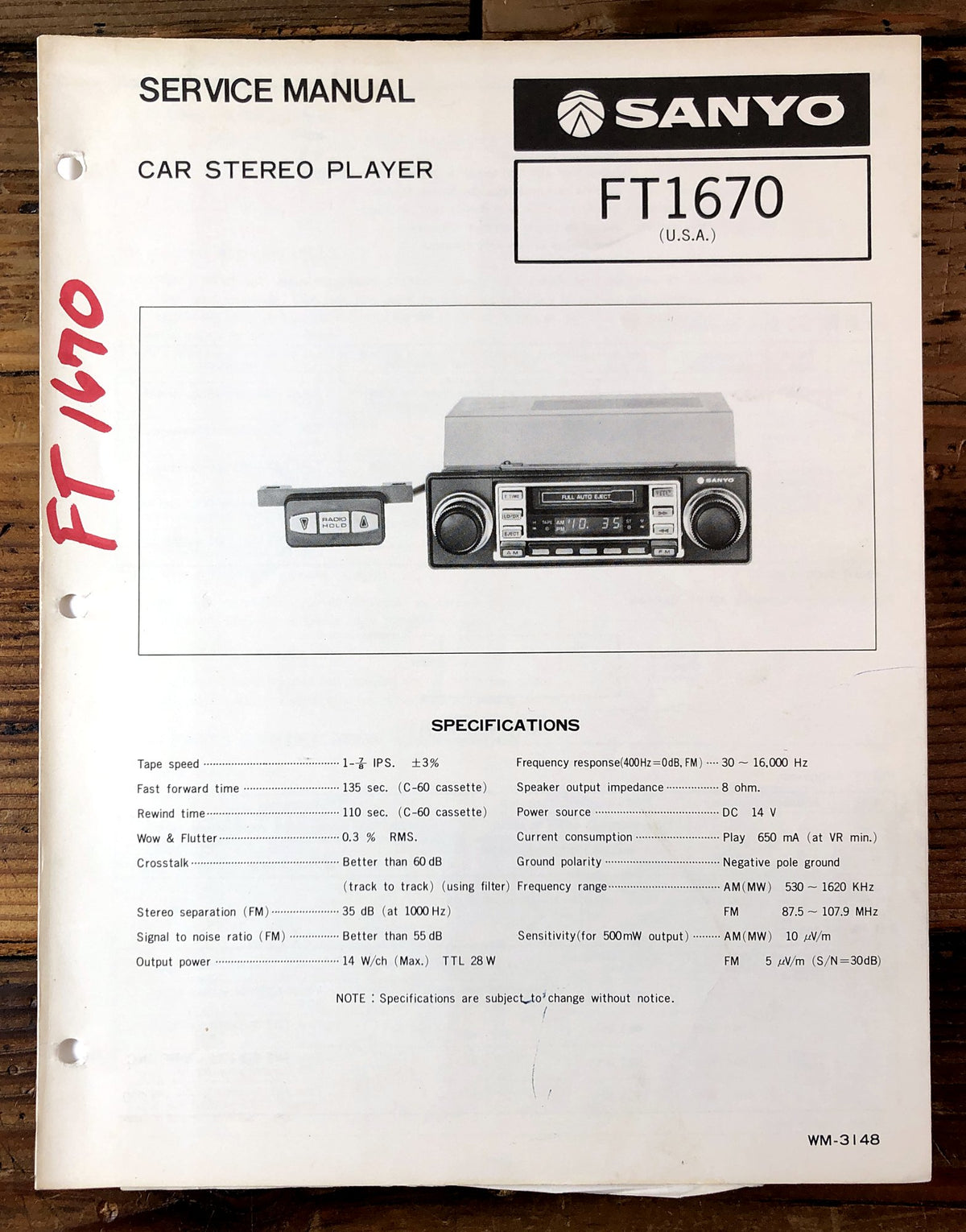 Sanyo FT1670 Car Stereo Player Service Manual *Original*