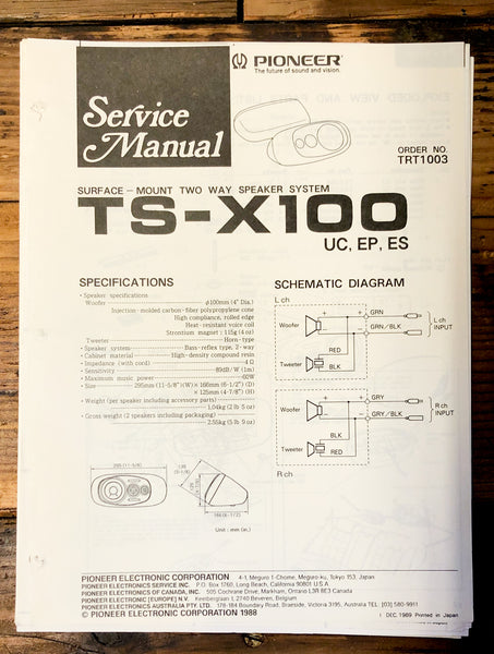 Pioneer TS-X100 Speaker  Service Manual *Original*