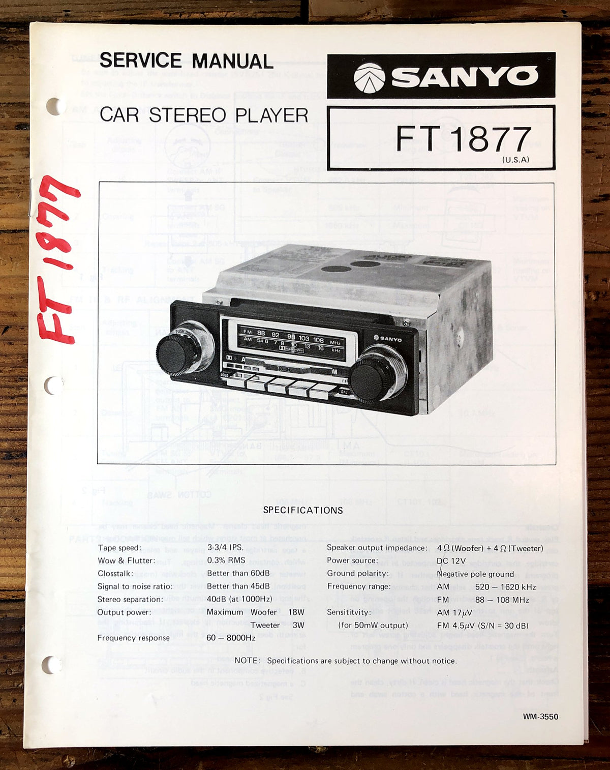 Sanyo FT1877 Car Stereo Player Service Manual *Original*