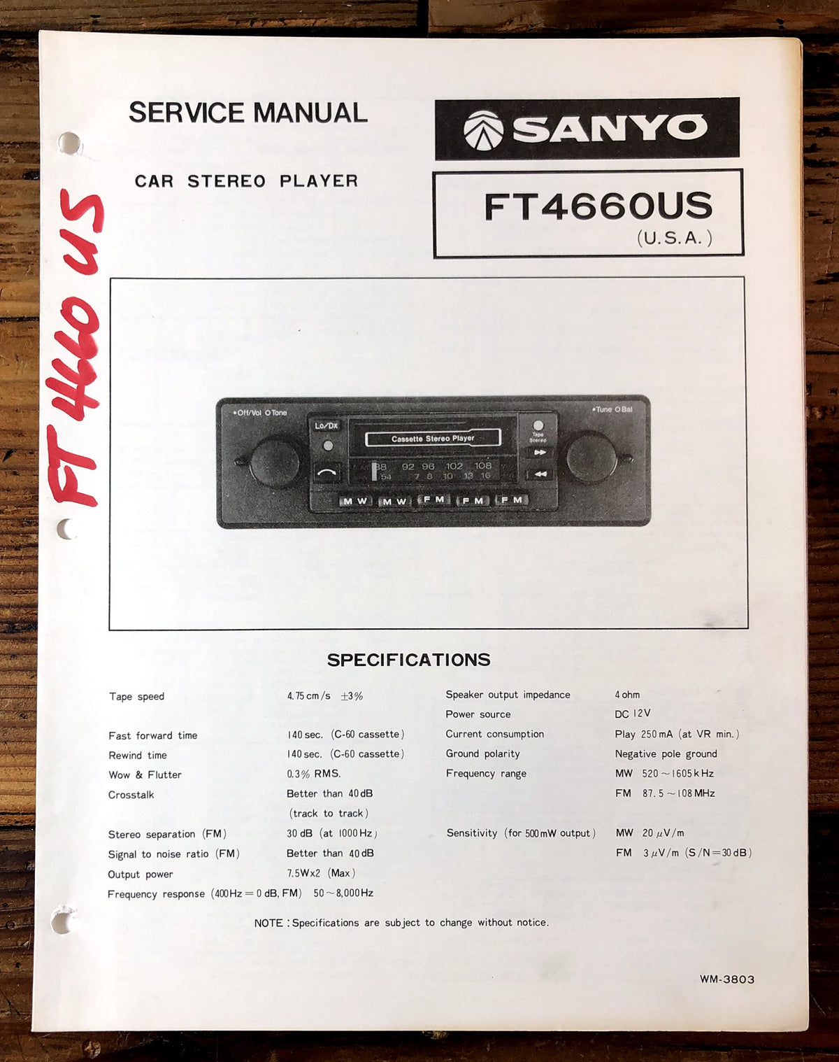 Sanyo FT4660US Car Stereo Player Service Manual *Original*