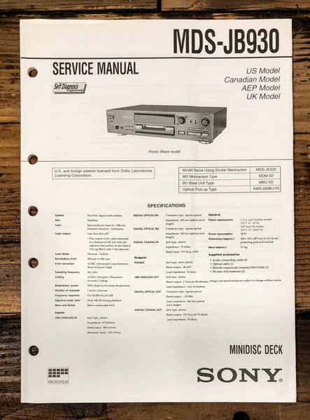 Sony MDS-JB930 MD Player Service Manual *Original*
