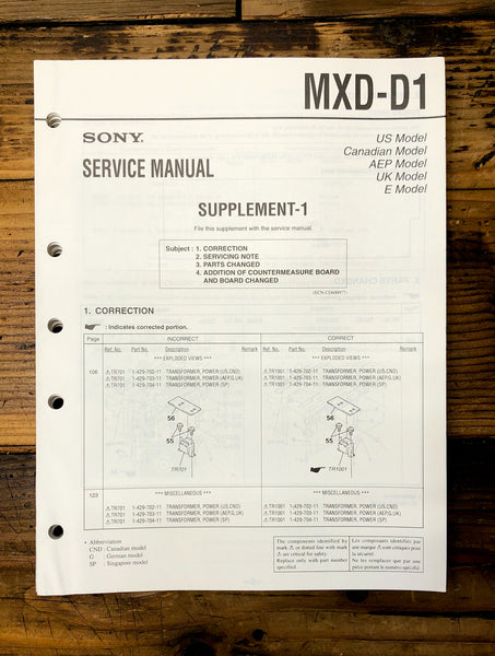 Sony MXD-D1 CD MD Deck Supp. Service Manual *Original*