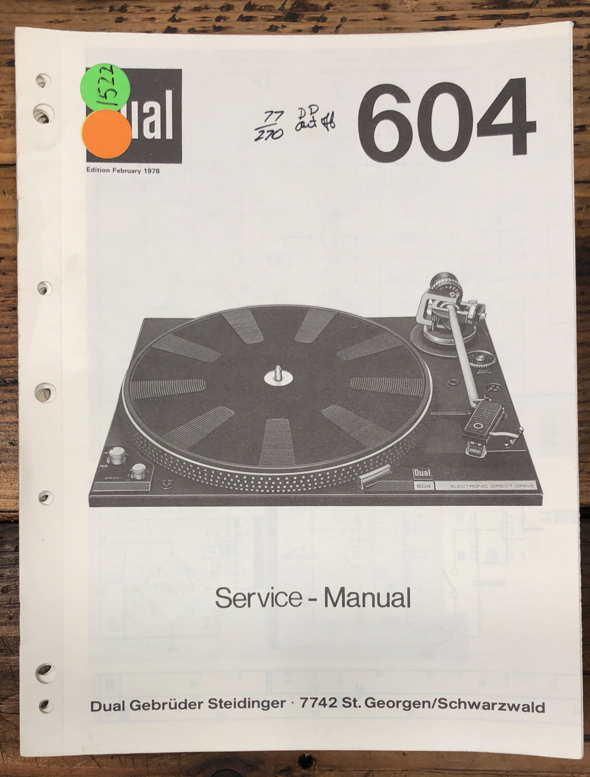 Dual Model 604 Record Player / Turntable  Service Manual *Original*