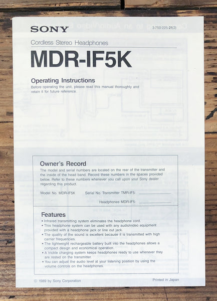 Sony MDR-IF5K Headphones  Owner / User Manual *Original*