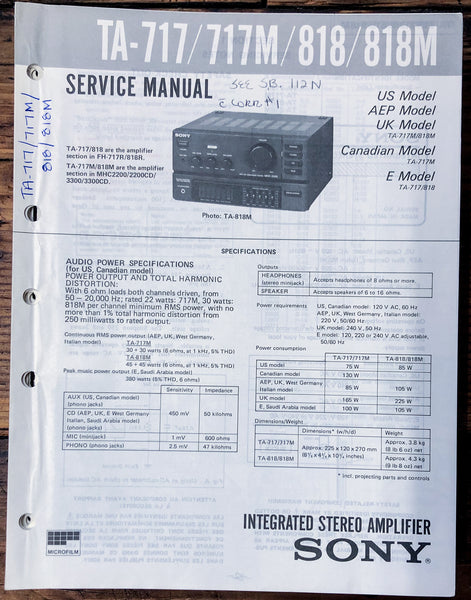 Sony TA-717 -717M -818 -818M Amplifier  Service Manual *Original*