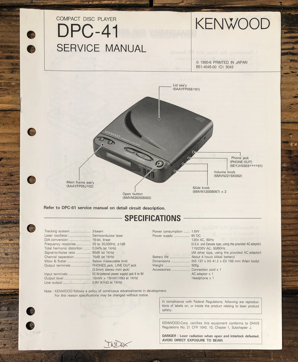Kenwood DPC-41 CD Player Service Manual *Original*