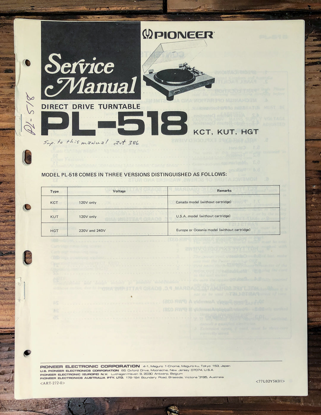 Pioneer PL-518 Turntable Service Manual *Original*