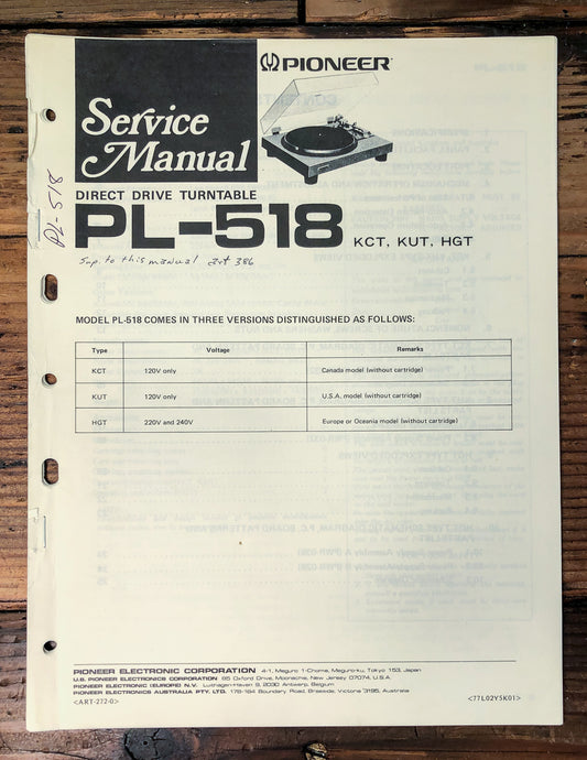 Pioneer PL-518 Turntable Service Manual *Original*