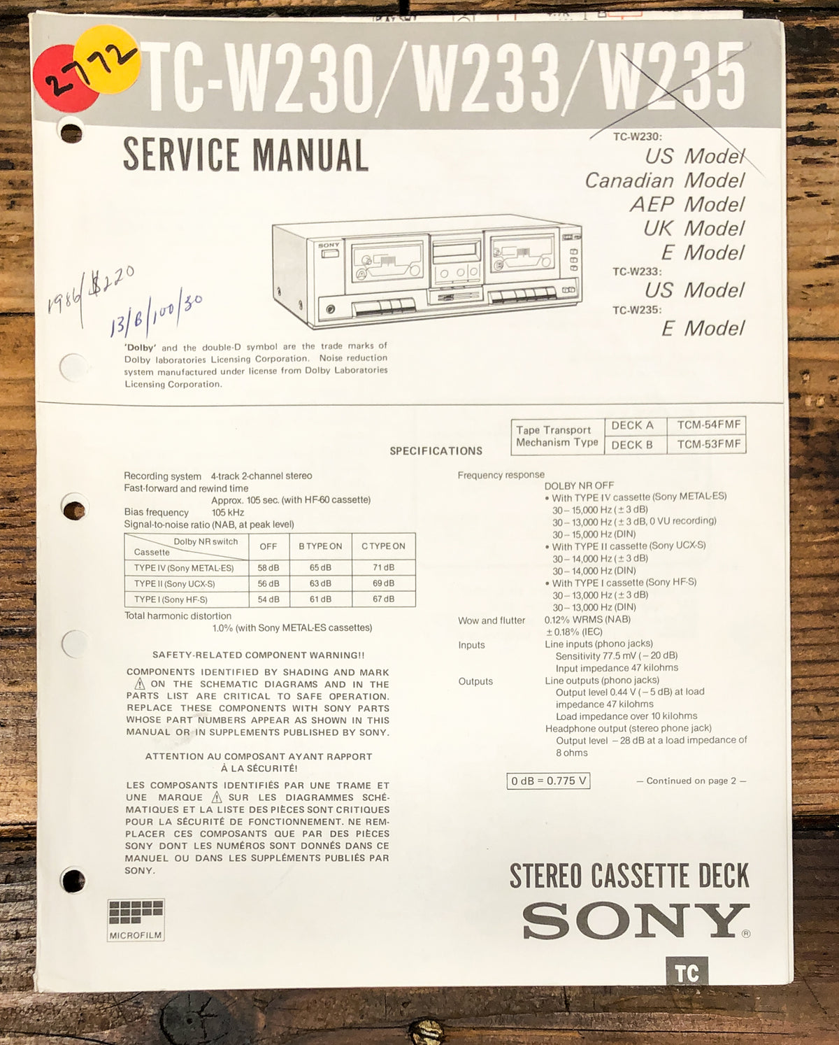 Sony TC-W230 -W233 -W235 Cassette Service Manual *Original*