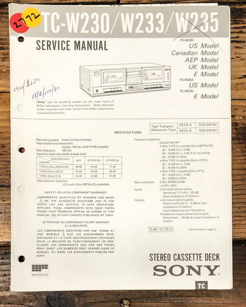 Sony TC-W230 -W233 -W235 Cassette Service Manual *Original*