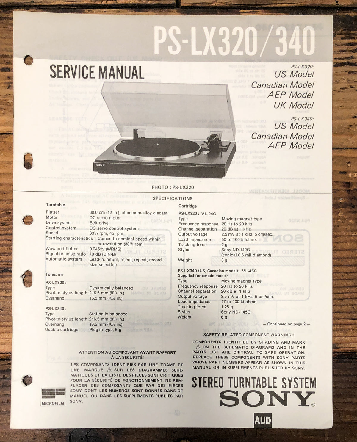 Sony PS-LX320 PS-LX340 Record Player / Turntable Service Manual *Original*