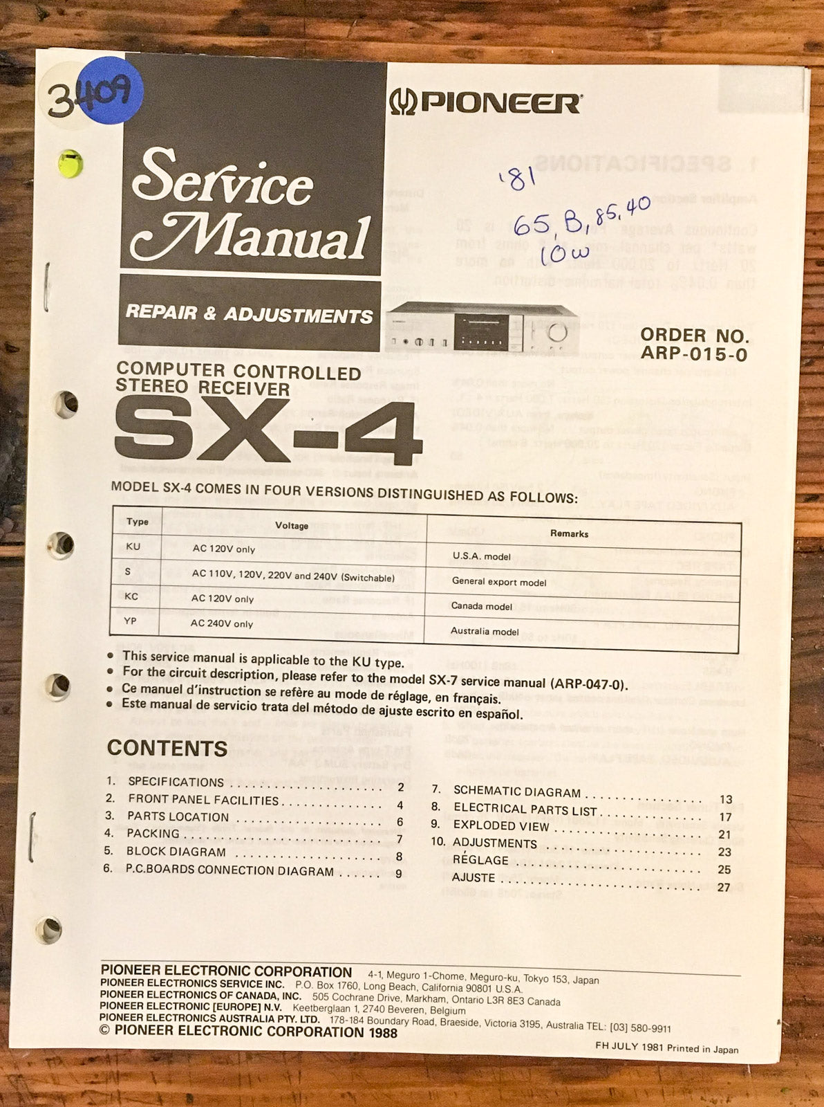 Pioneer SX-4 Receiver  Service Manual *Original*