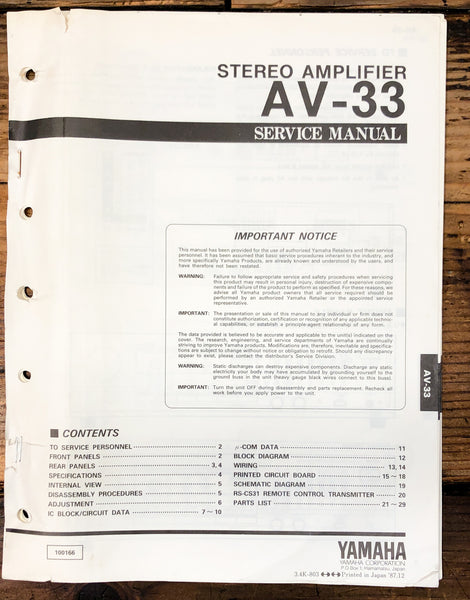 Yamaha AV-33 Amplifier  Service Manual *Original*