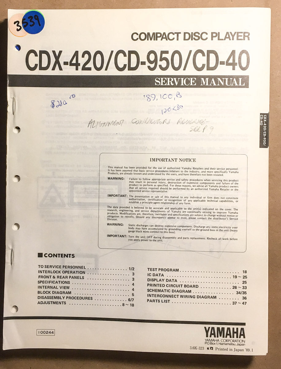 Yamaha CDX-420 CD-950 CD-40 CD Player  Service Manual *Original*