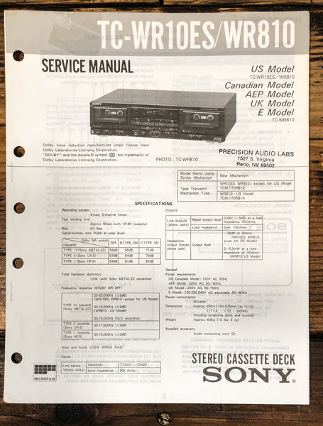 Sony TC-WR10ES TC-WR810 Cassette Service Manual *Original*