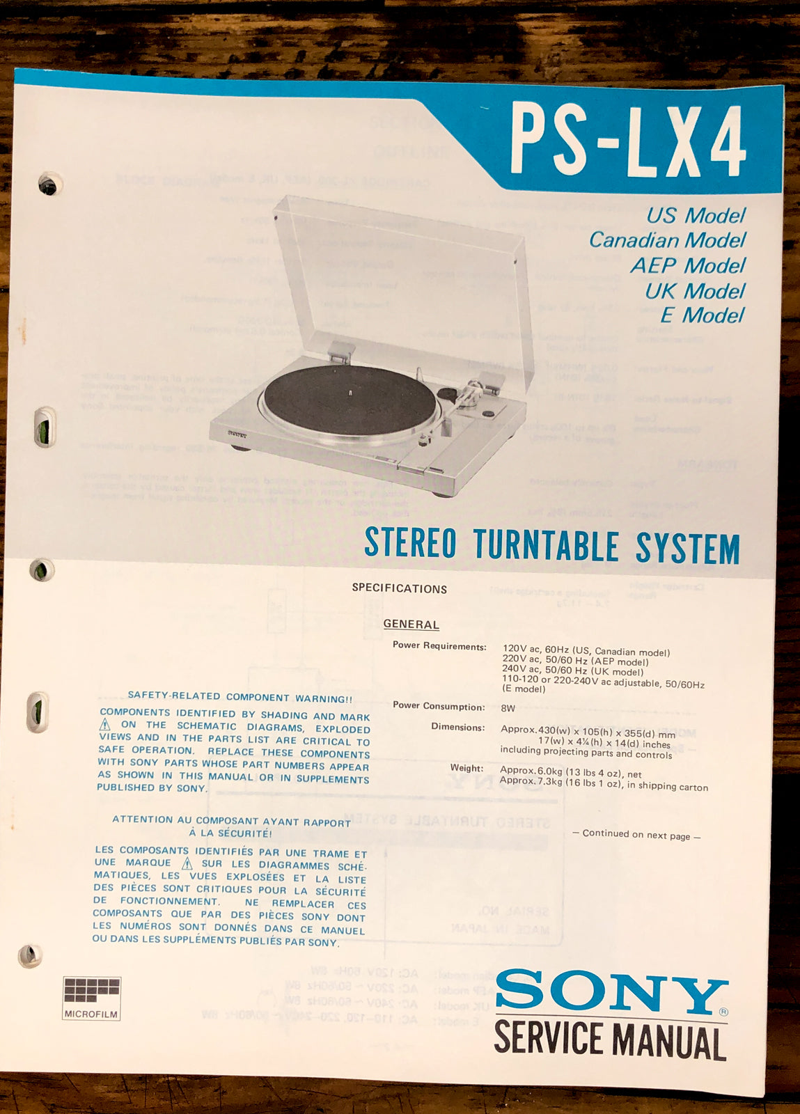 Sony PS-LX4 Record Player / Turntable  Service Manual *Original*