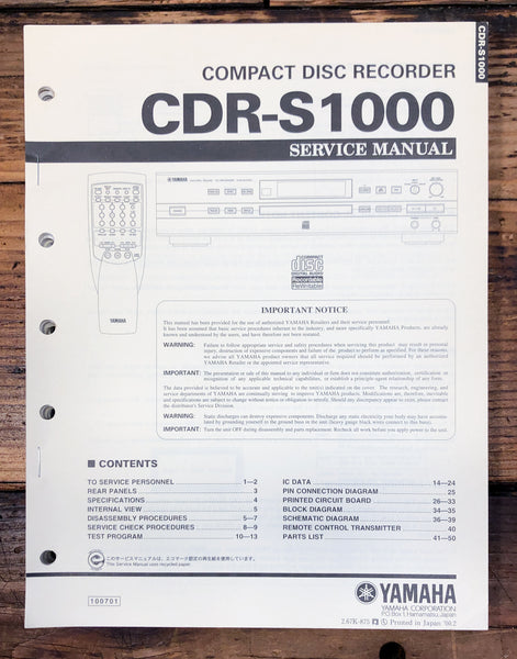 Yamaha CDR-S1000 CD Recorder  Service Manual *Original*