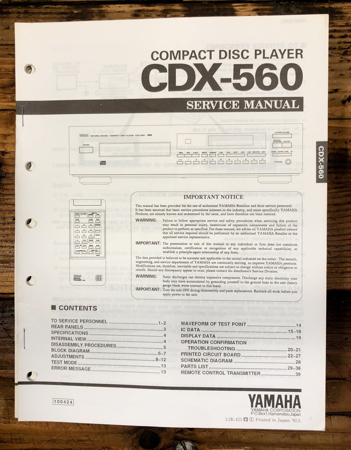 Yamaha CDX-560 CD Player  Service Manual *Original*