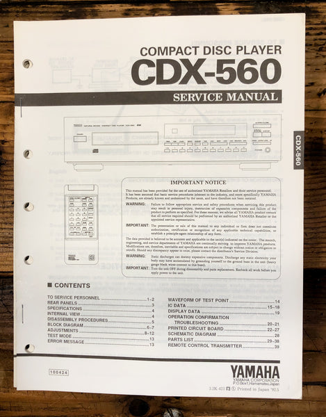 Yamaha CDX-560 CD Player  Service Manual *Original*