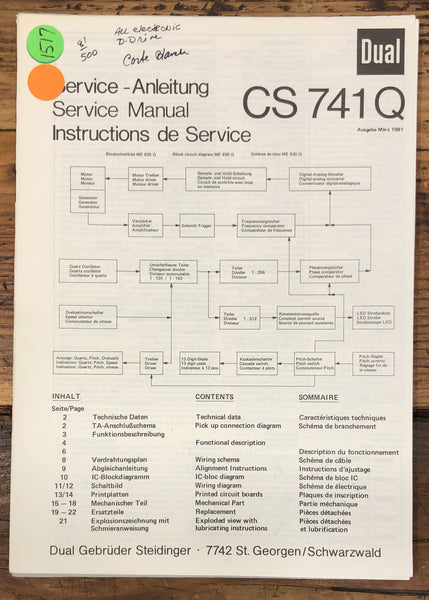 Dual CS 741Q CS741 Q Record Player / Turntable  Service Manual *Original*