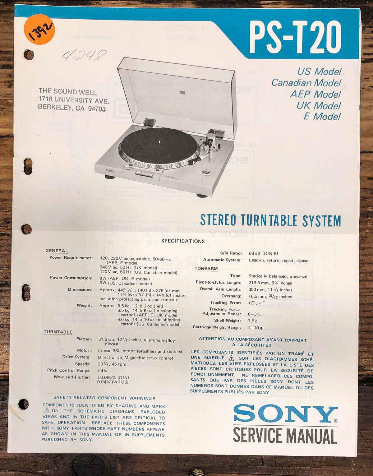 Sony PS-T20 Record Player / Turntable Service Manual *Original*