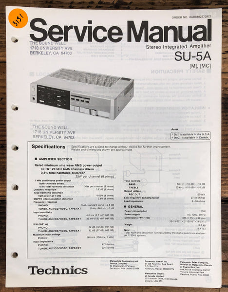 Technics SU-5A Amplifier  Service Manual *Original*