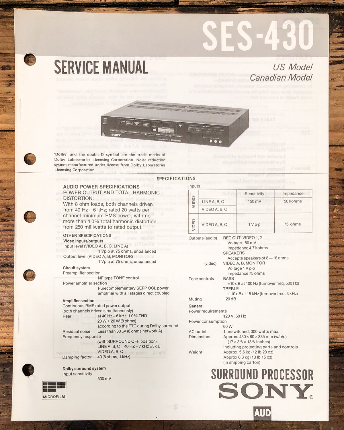Sony SES-430 Surround Processor Service Manual *Original*
