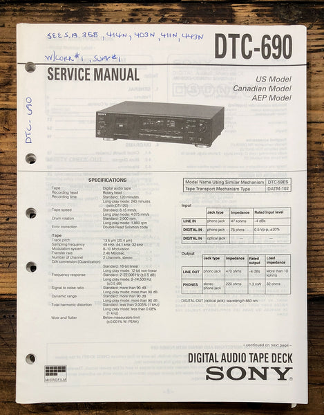 Sony DTC-690 DAT Tape Deck  Service Manual *Original*