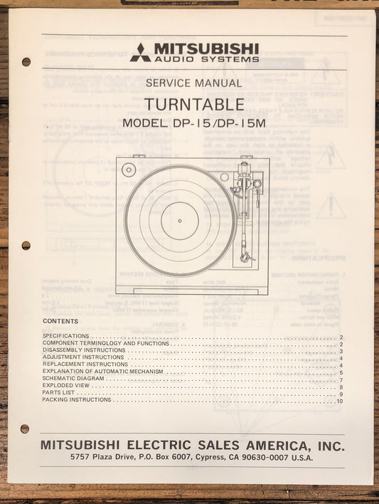 Mitsubishi DP-15 DP-15M Record Player / Turntable  Service Manual *Original*
