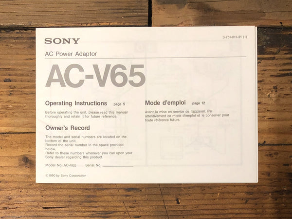 Sony AC-V65 Power Adapter  Owner / User Manual *Original*