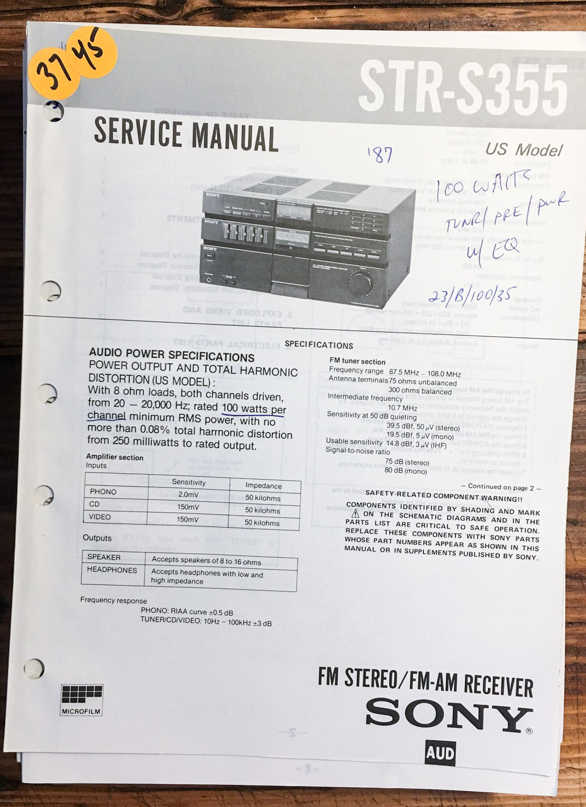 Sony STR-S355 Receiver  Service Manual *Original*